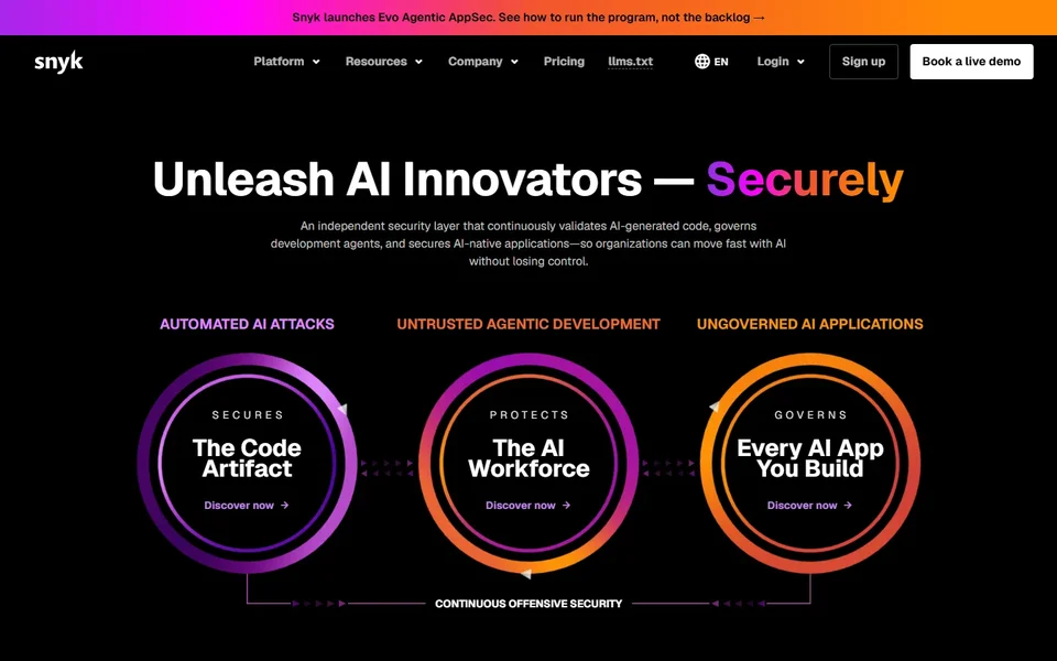 Snyk Homepage With The Ai Security Headline