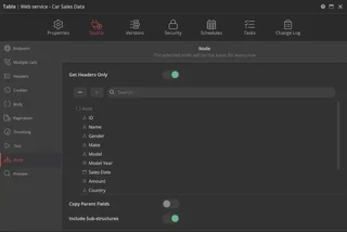Web Service Table Source Settings