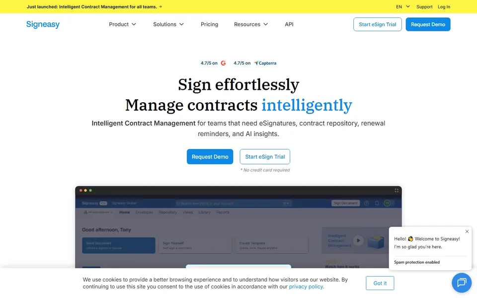Signeasy Homepage With The Contract Dashboard