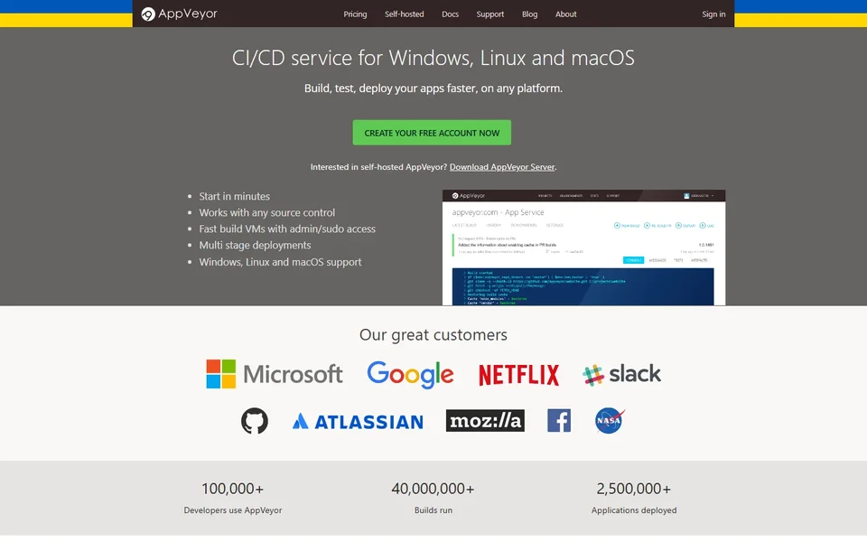 Appveyor Homepage With Free Account Button