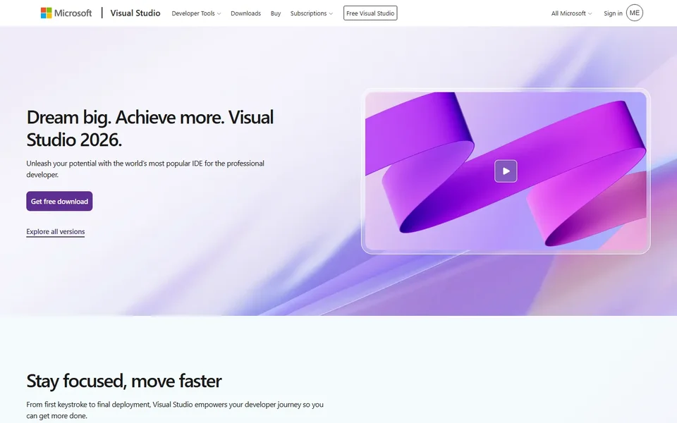 Visual Studio Homepage With Download Button