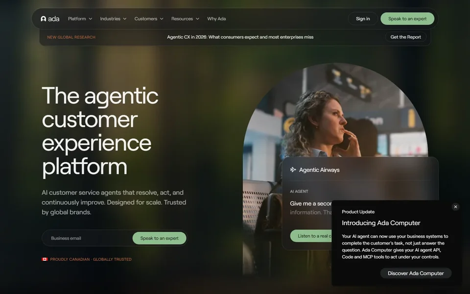 Ada Homepage Hero With Ai Agent Demo Card