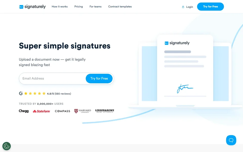 Signaturely Homepage With Email Signup Form