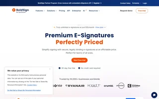 Boldsign Homepage With The Free Trial Signup