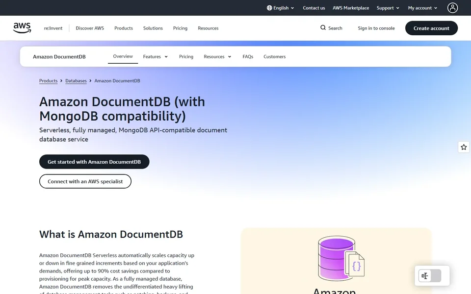 Amazon Documentdb Product Page And Menu