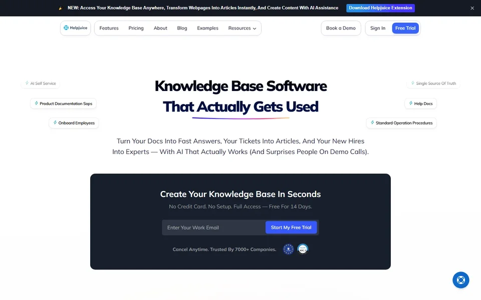 Helpjuice Homepage With Free Trial Signup Box
