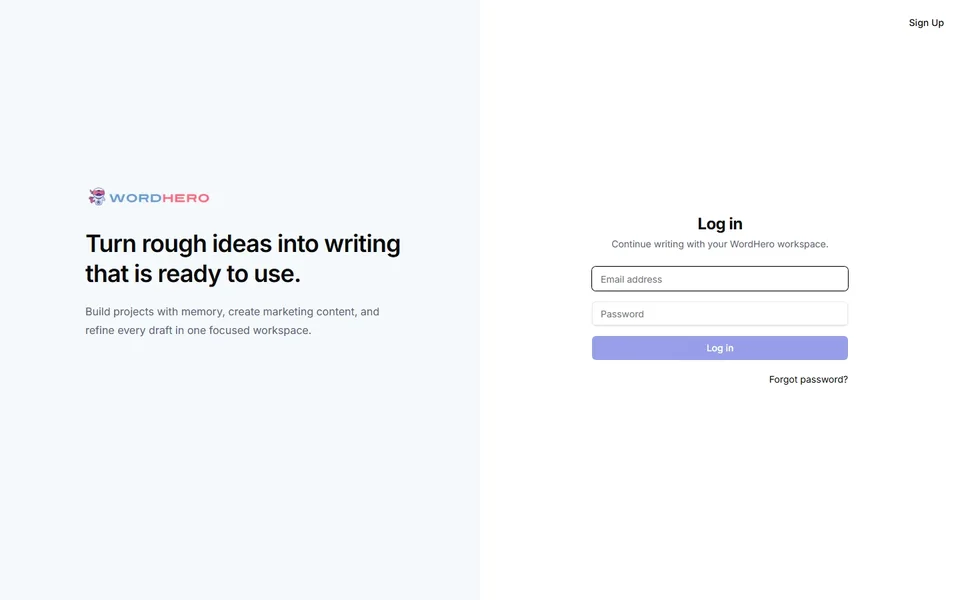 Wordhero Login Page With The Workspace Summary