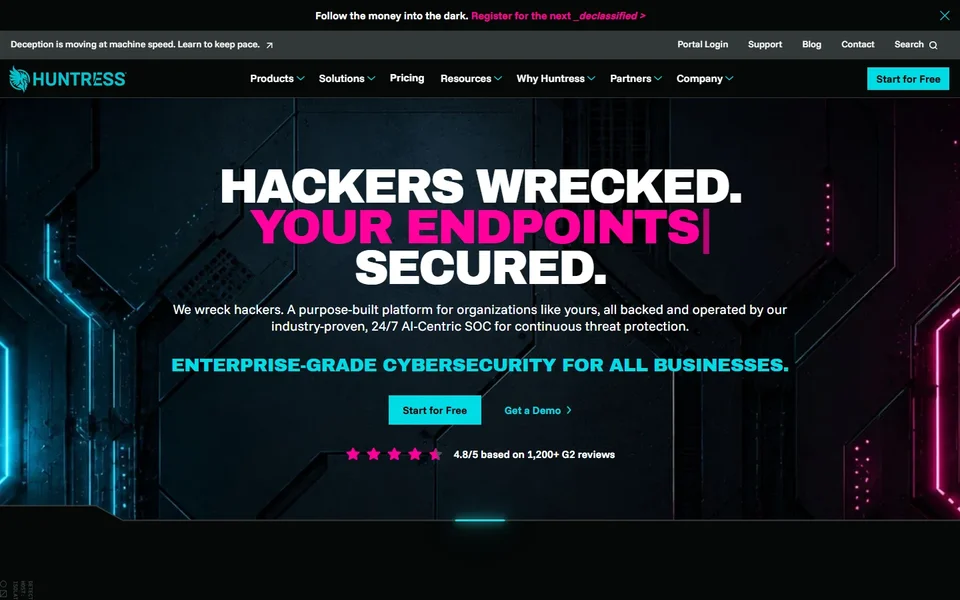 Huntress Homepage With The Start For Free Button