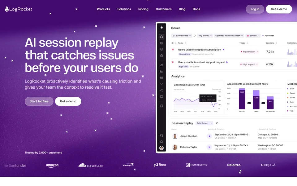 Logrocket Homepage With Session Replay Issues