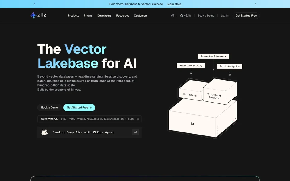 Zilliz Homepage With The Vector Lakebase Headline