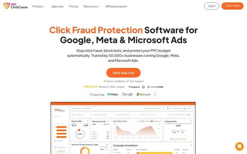 Clickcease Homepage With The Protection Dashboard