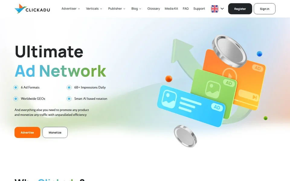 Clickadu Homepage With Ad Format Cards