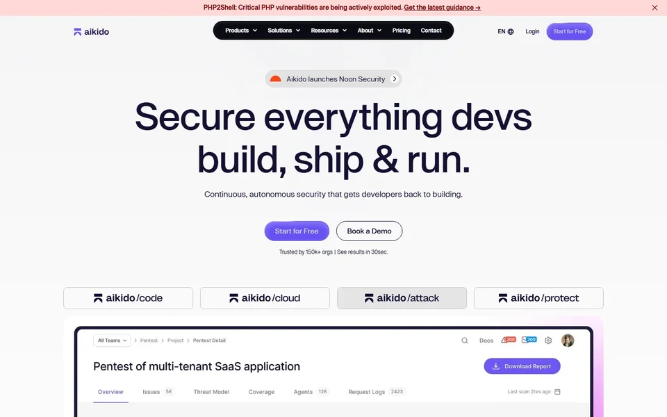 Aikido Homepage With A Pentest Dashboard Preview