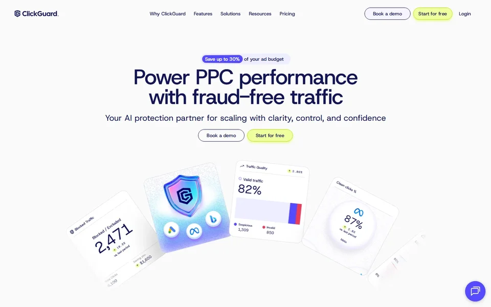 Clickguard Homepage With Fraud Free Traffic Cards