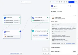 Workflow Canvas With Approval Gate And Agent Node