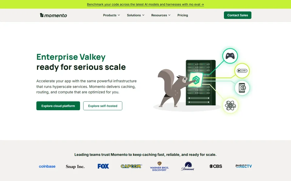 Momento Homepage With Enterprise Valkey Headline