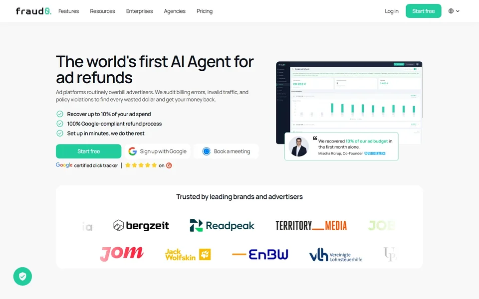 Fraud0 Homepage With The Ad Refund Dashboard