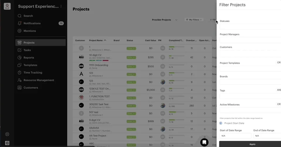 Projects List With Filter Panel