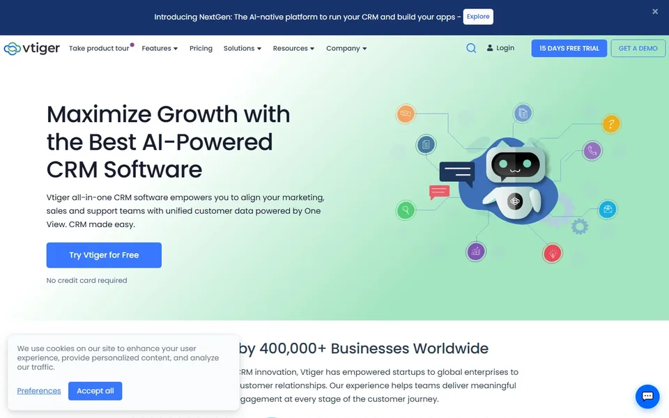 Vtiger Crm Homepage With The Ai Crm Headline