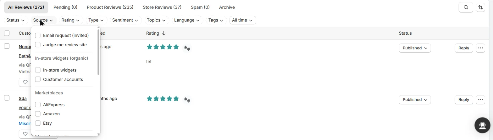 Reviews Dashboard Filters
