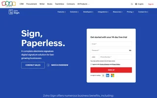 Zoho Sign Homepage With The Trial Signup Form