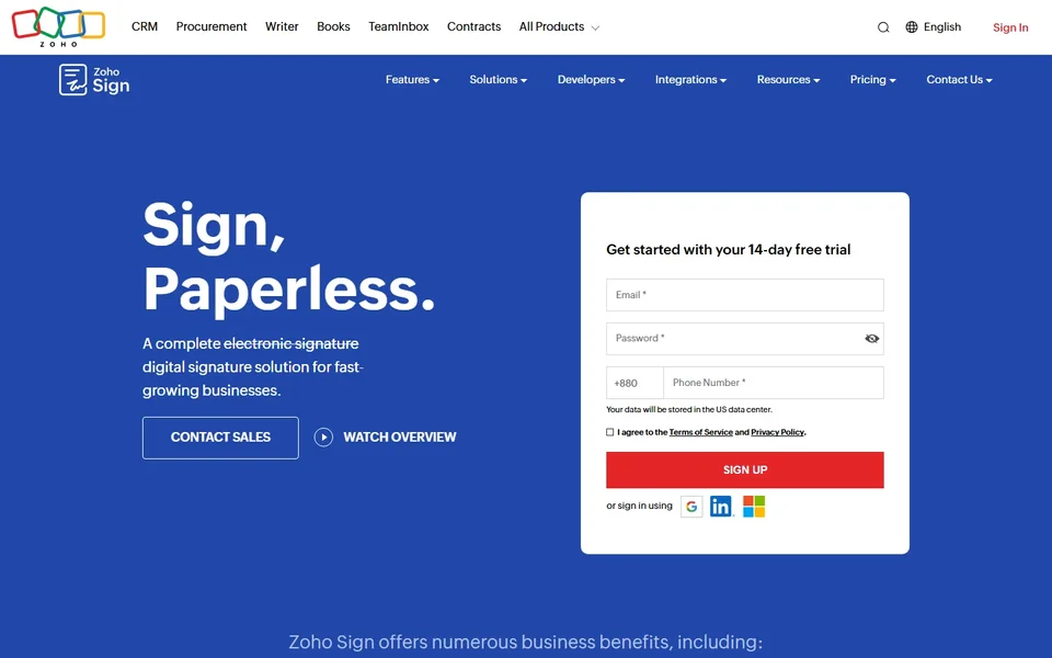 Zoho Sign Homepage With The Trial Signup Form