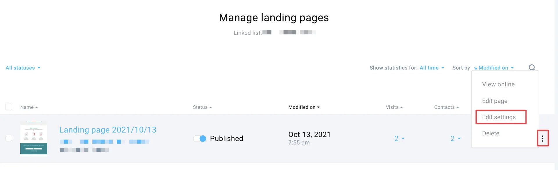 Manage Landing Pages List