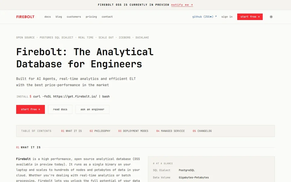 Firebolt Homepage With The Database Headline