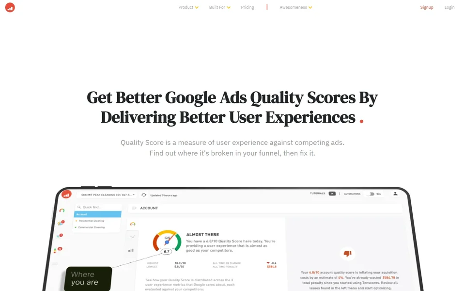 Tenscores Homepage With Quality Score Dashboard