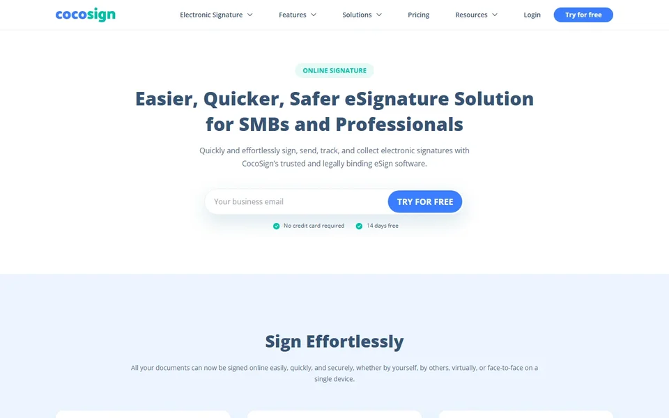 Cocosign Homepage With Signup Form