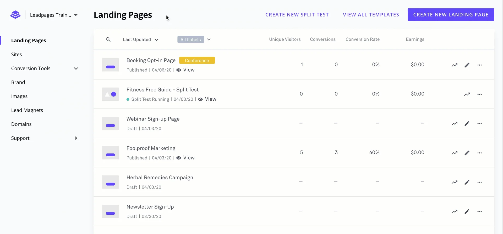 Landing Pages Dashboard
