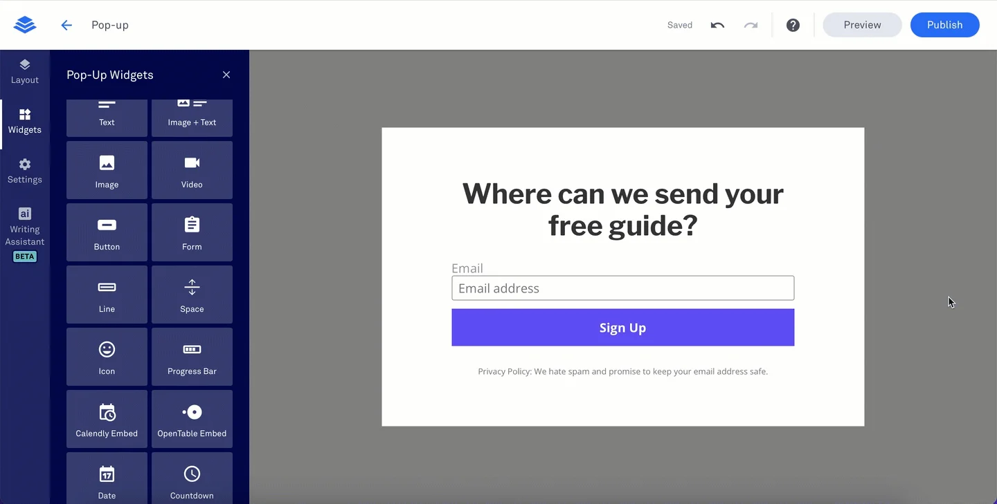Pop Up Widget Editor