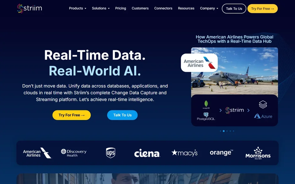 Striim Homepage With The Real Time Data Hero