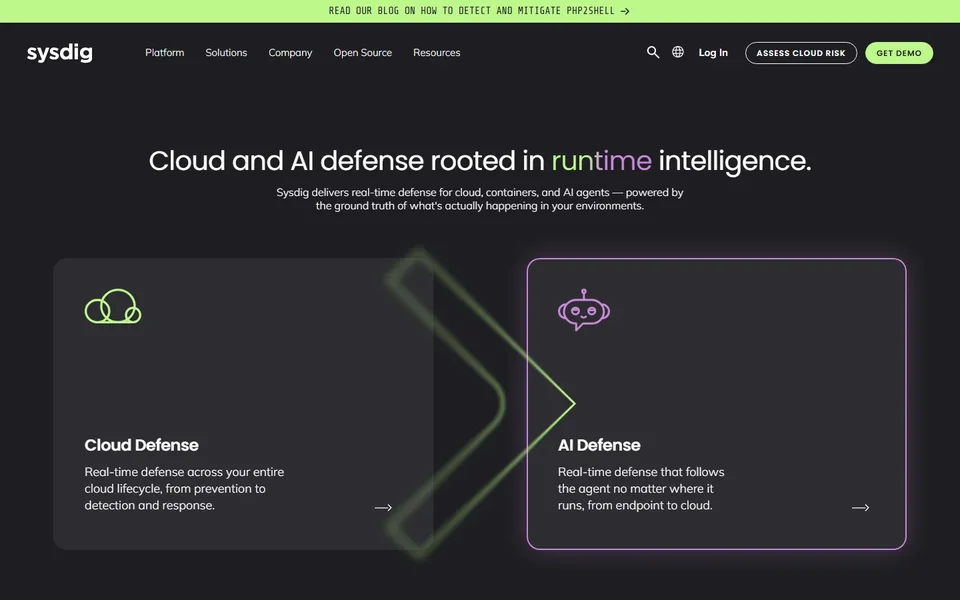 Sysdig Homepage With Cloud And Ai Defense Cards