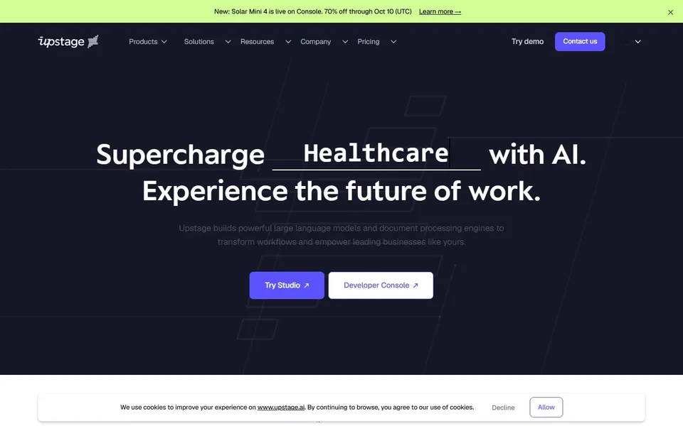 Upstage Homepage With Try Studio And Console