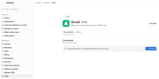 Aircall App Connection In Workspace Settings