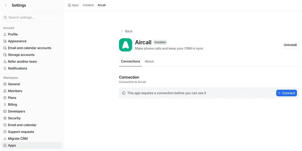 Aircall App Connection In Workspace Settings