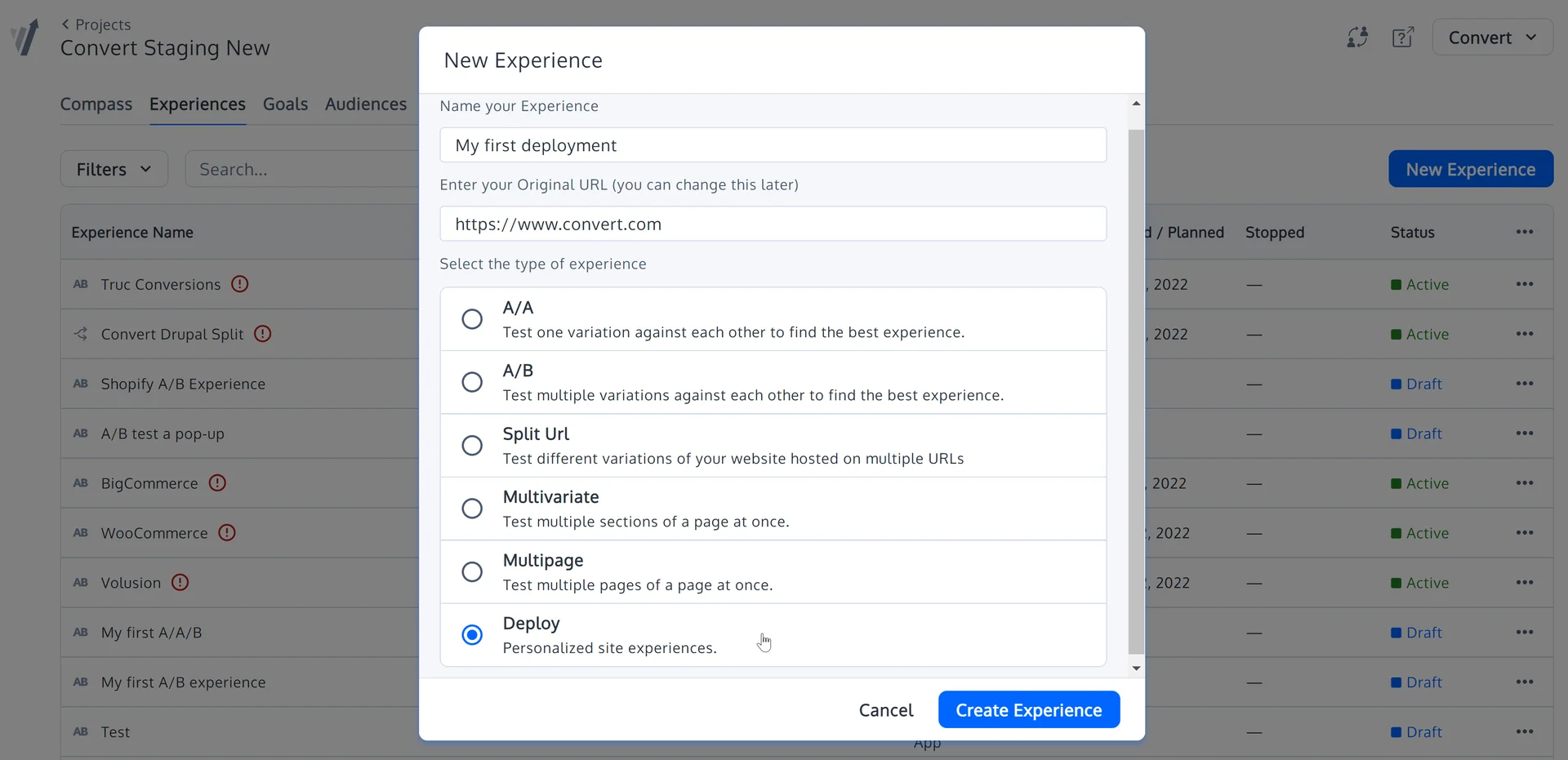 New Experiment Type Picker