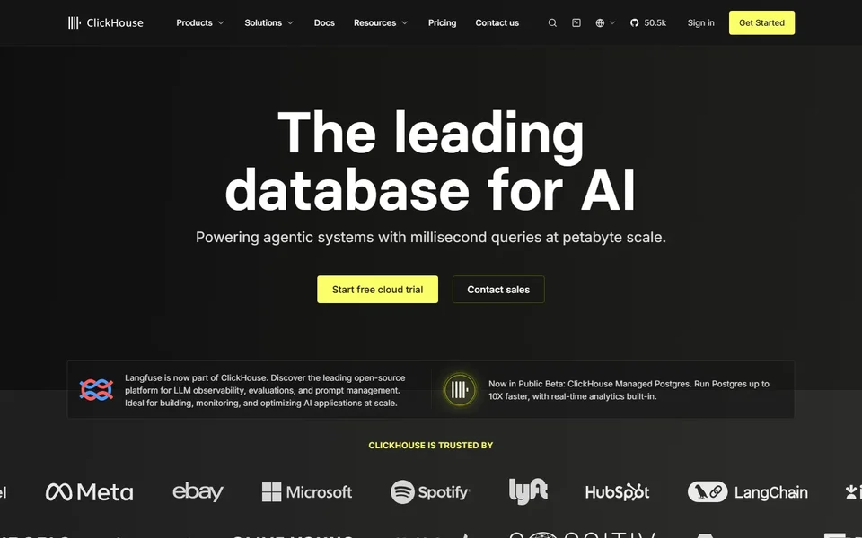 Clickhouse Homepage With The Database For Ai Hero