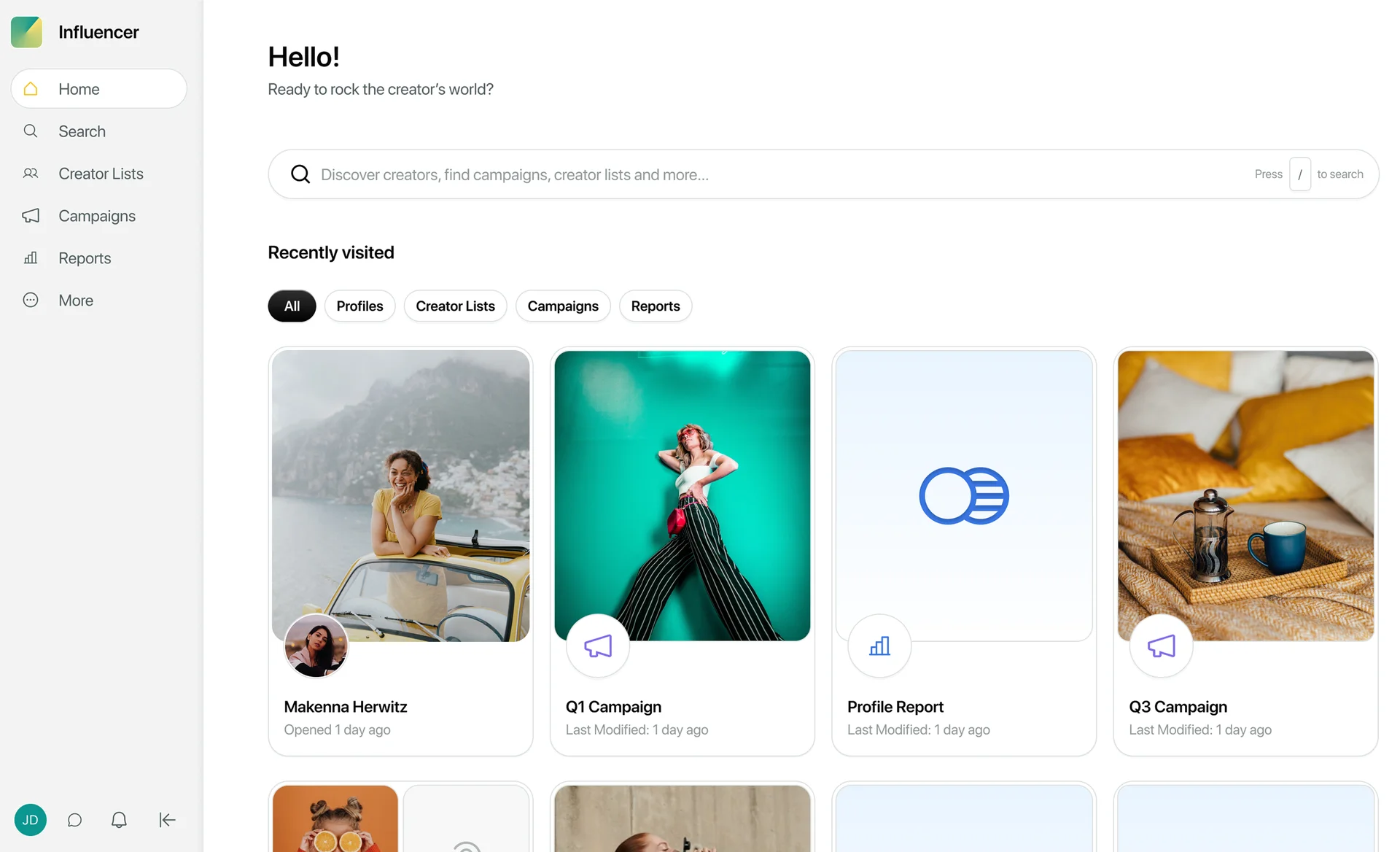 Influencer Platform Home Dashboard