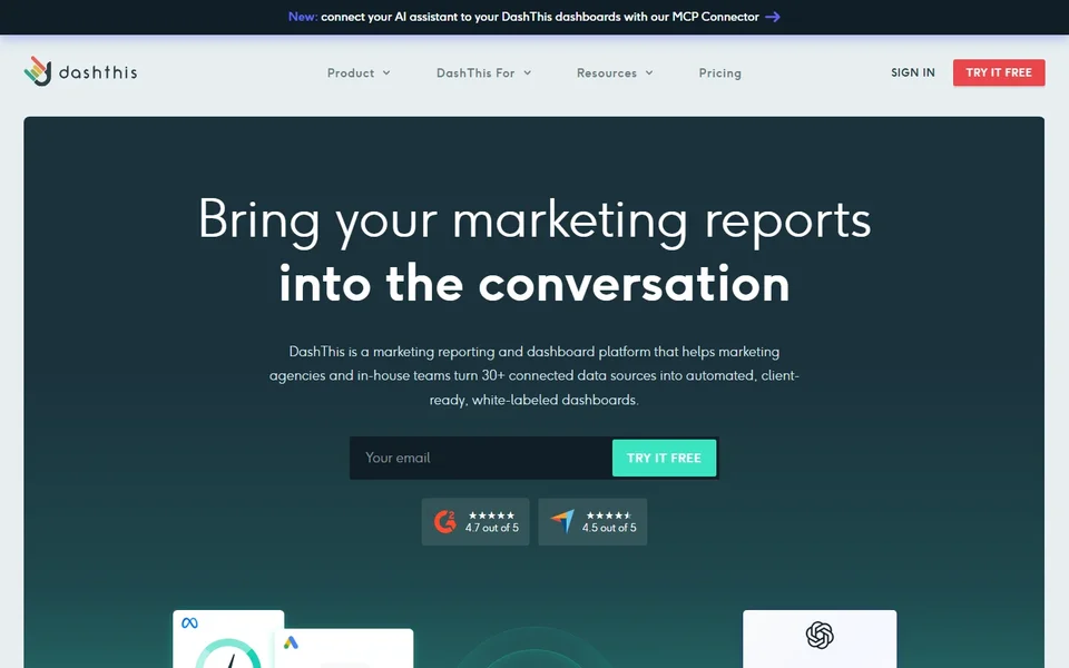 Dashthis Homepage With The Reporting Pitch