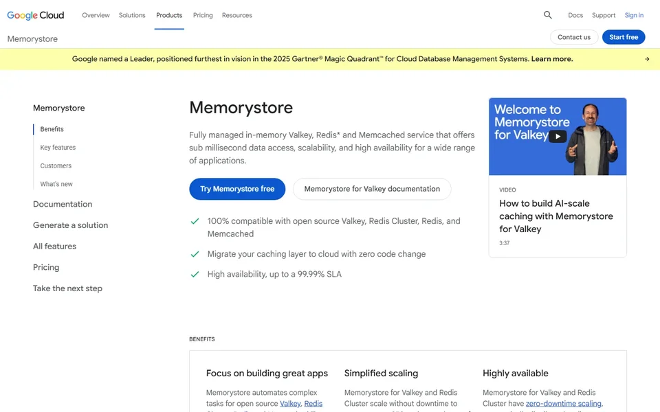 Memorystore Homepage With Valkey Benefits