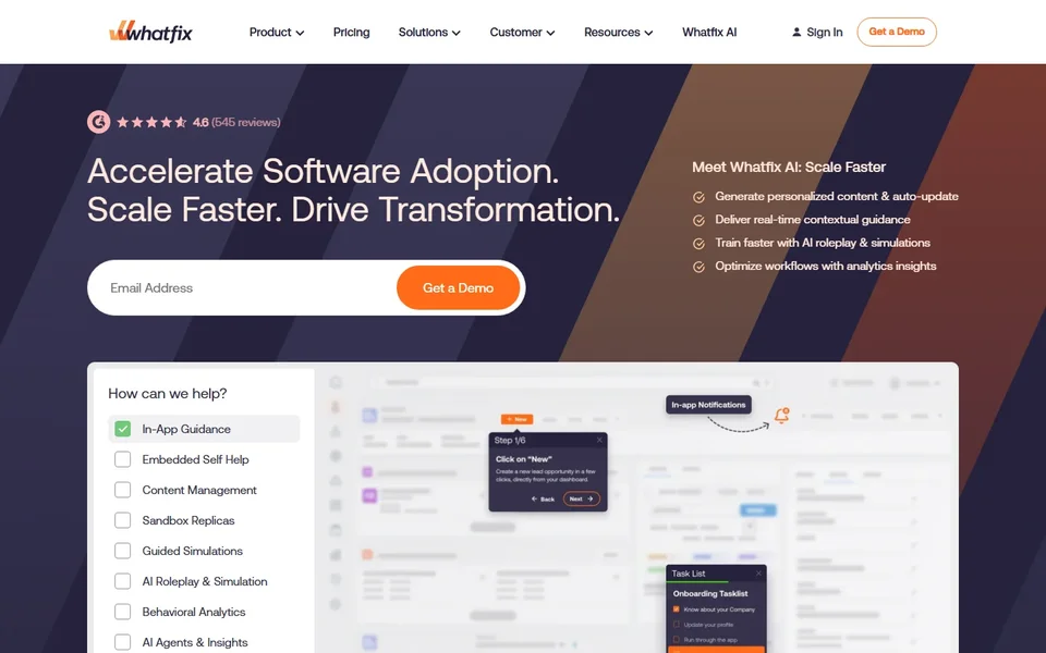 Whatfix Homepage With In App Guidance Demo