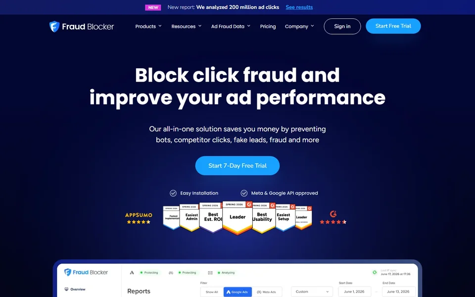 Fraud Blocker Homepage With Reports Preview