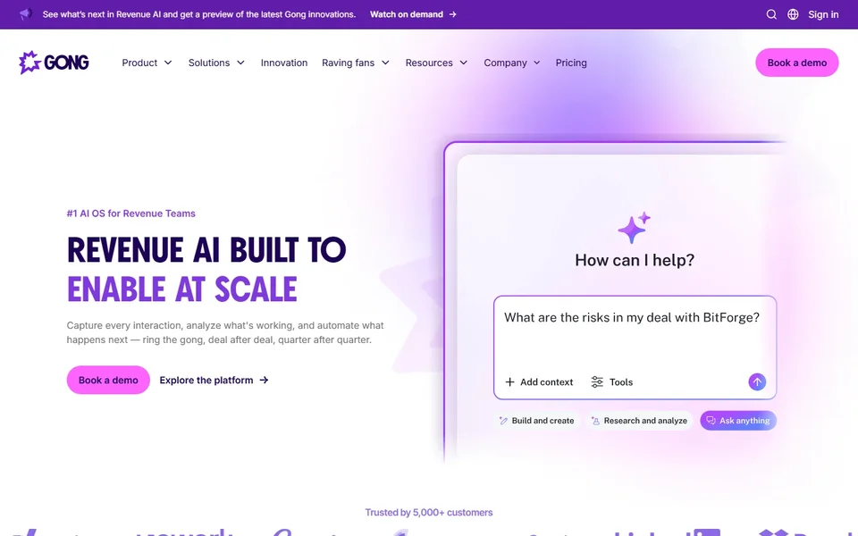 Gong Homepage With The Ai Assistant Prompt