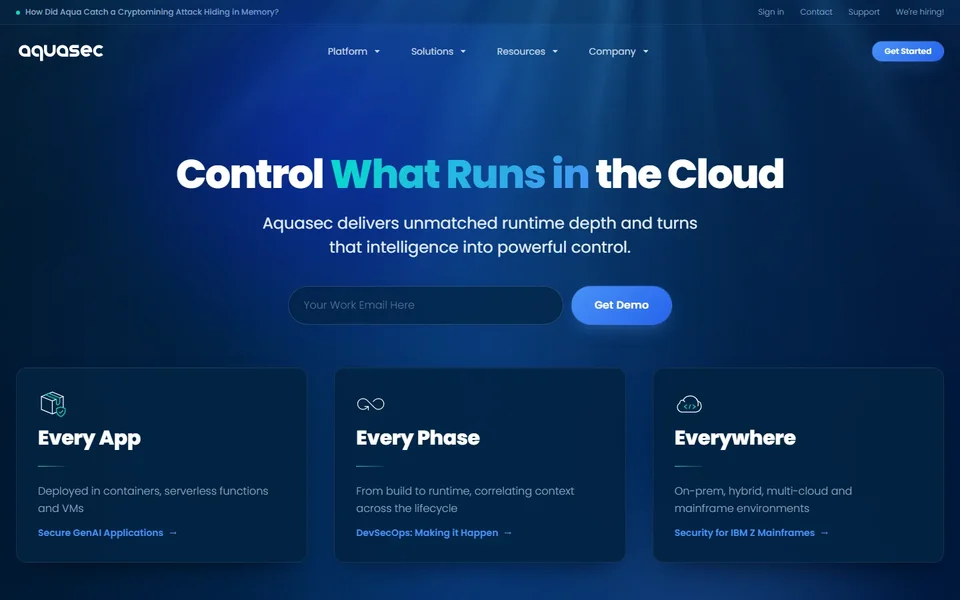 Aquasec Homepage With Get Demo Form