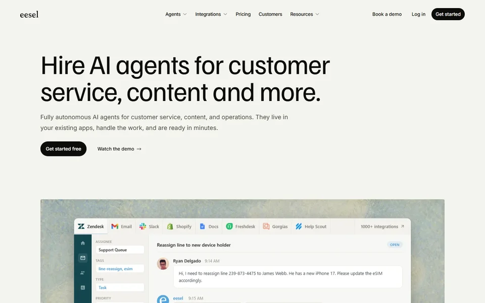 Eesel Ai Homepage With Zendesk Ticket Demo