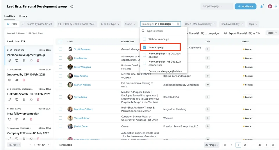 Lead Lists Filtered By Campaign
