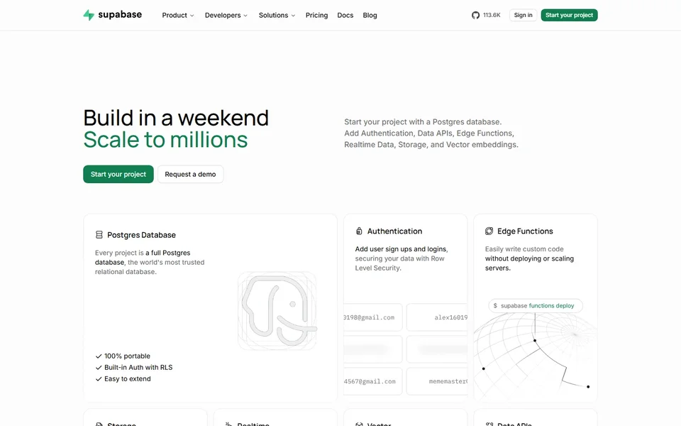 Supabase Homepage With The Postgres Project Cards