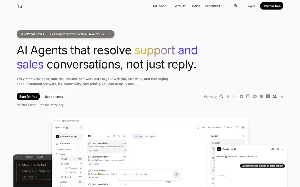 Quickchat Ai Homepage With The Agent Inbox Demo